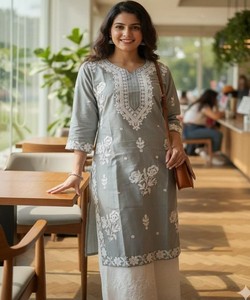 Conjunto de Kurta Gris Bordado en Algodón de Calidad de Exportación para Mujer, Ropa Tradicional para Uso Diario, Colección Étnica, Precio al por Mayor 84528 - Product Image 2