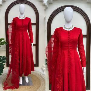 Ensemble Anarkali en soie Vichitra avec broderies et sequins, haut, bas et dupatta, entièrement cousu, prêt à porter - Product Image 4