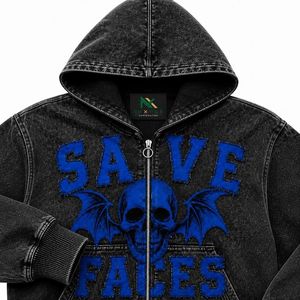 Sweat à capuche zippé personnalisé pour homme, style denim, avec lettres appliquées et effet délavé à l'acide, imprimé crâne vintage, vente en gros usine OEM - Product Image 5