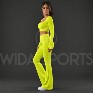 Ensemble de yoga évasé uni pour femme, legging taille haute élastique extensible et haut court à manches longues, séchage rapide, respirant, pour le fitness - Product Image 3