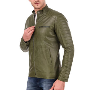 Blouson moto homme en cuir PU vert olive, col montant, fermeture éclair, coupe ajustée, longueur standard, pour l'automne - Product Image 6