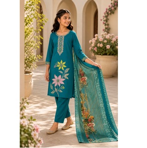 Conjunto de Kurta, Pantalón y Dupatta de Seda Romana Tradicional para Niñas, Elegante para Fiestas, Bodas, Festivales y Celebraciones, en Oferta - Product Image 1