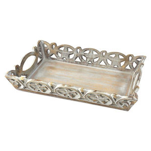 Plateau de service rond en bois de manguier fait main avec poignées en acier inoxydable, plateau décoratif en bois pour table basse, ottoman, maison et cuisine - Product Image 2