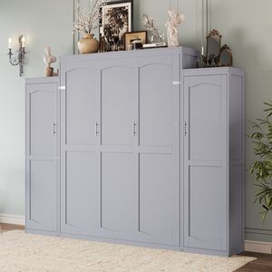 Queen Size Wooden Murphy <b>Bed</b> <b>with</b> 2 Wardrobe <b>Storage</b> Shelf Multifunctional Foldable <b>Platform</b> Bedframe - Product Image 3