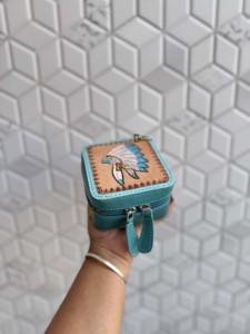 Estuche Compacto de Joyería de Cuero Genuino Personalizado al por Mayor, Estuche de Cuero Vintage Hecho a Mano en Color Turquesa, Porta Accesorios Étnicos - Product Image 3