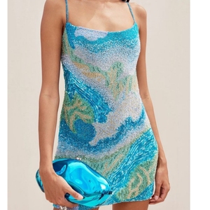 Ocean Wave Pattern Seed Bead Embroidery Mini Dress Blue Green Rayon Fabric Evening Party Outfit Sleeveless Bodycon Summer - Product Image 1