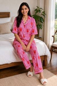 Conjunto de Pijama Floral Rosa 100% Algodón para Mujer al por Mayor con Bolsa de Almacenamiento a Juego |   Suave, Transpirable, Ligero, Lujoso, Informal - Product Image 2