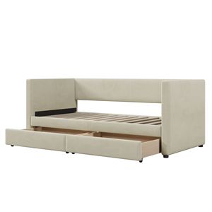 Daybed Twin formato velluto a coste con due cassetti e legno a doghe letto Beige - Product Image 6