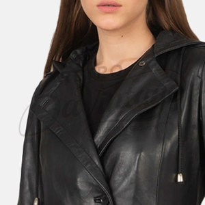 Manteau long en cuir véritable noir pour femme, avec capuche, ceinture, en peau de mouton, coupe ajustée, élégant, parka en cuir - Product Image 2