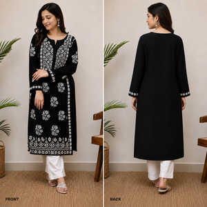 Best Selling Black Chikankari Embroidered Cotton <b>Kurti</b> for Women – Elegant Floral Paisley Ethnic Wear with Long Sleeves - Product Image 2