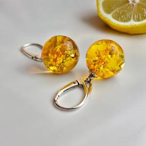 Natural Lemon Baltic Amber <b>Silver</b> <b>Stud</b> Dangle Earrings Teardrop Round Gemstone Jewelry Gift For Women Elegant - Product Image 3