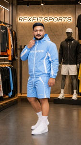 REXFIT SPORTS 2026 – Ensemble de survêtement unisexe personnalisé bleu ciel en nylon, veste coupe-vent à capuche et short, vêtements de sport à marque privée - Product Image 4