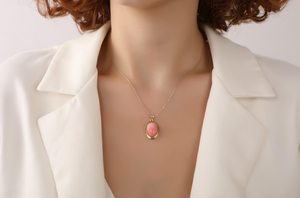 Collar de Piedra de Coral Rosa, Colgante Ovalado de Piedra Preciosa, Plata de Ley 925, Chapado en Oro de 14K, Certificado IGI, Diseño Único, Joyería Elegante - Product Image 2