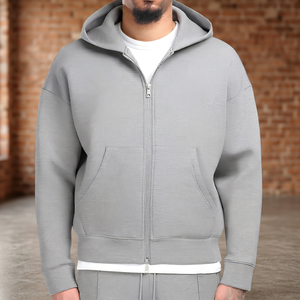 Sweat-shirt à capuche zippé pour homme, 100% coton French Terry, coupe classique, gris uni, vêtement décontracté pour l'automne - Product Image 2
