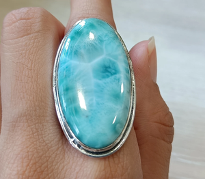 Grande bague ovale en larimar bleu, pierre précieuse naturelle bleue - Product Image 2