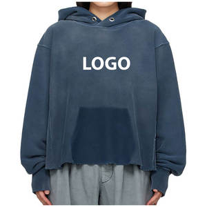 Sudadera con capucha extragrande con logo personalizado, efecto desgastado, lavado ácido, bajo cortado, dobladillo sin rematar vintage, para hombre y mujer - Product Image 3