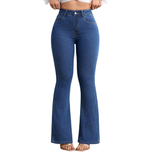 Mid <b>Waisted</b> Flare <b>Jeans</b> Women Stretch Slim Fit Denim Pants Winter Washed Solid Vintage Blue <b>Elastic</b> Bell Bottom Casual - Product Image 1