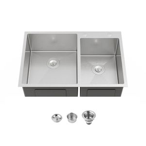 Lavello da cucina a incasso fatto a mano 84x48 cm con doppia vasca e finitura spazzolata (solo lavello) - Product Image 1