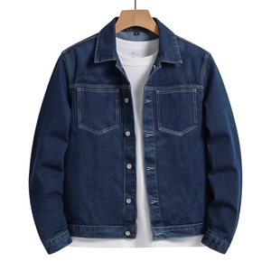 Veste en jean bleu foncé pour homme, col chemise, boutonnée sur le devant, manches longues, poches poitrine, poignets boutonnés, style camionneur, décontractée - Product Image 1