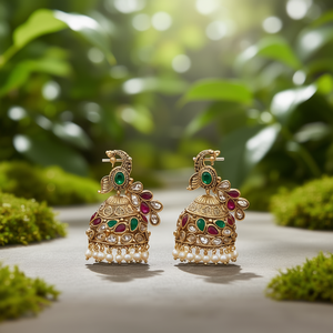 Peacock Patterned Antique Hanging Jhumki Drop Earrings with Pearl and Emerald - Product Image 3