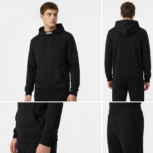 Sweat-shirt à capuche noir pour homme, manches longues, couleur unie, pull décontracté avec poche avant, coton mi-lourd, coupe classique, pour l'automne - Product Image 2