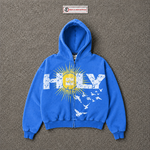 เสื้อฮู้ดซิปสีน้ำเงินลายกราฟิก Holy Sun ทรงโอเวอร์ไซส์ สไตล์สตรีทแวร์ ลายพิมพ์นกแบบดิสเทรส ซิปยาวเต็มตัว เสื้อฮู้ดลำลอง แฟชั่นยูนิเซ็กส์ - Product Image 5