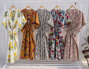 Women's Floral Print 100% Cotton Maxi <b>Kaftan</b> Dress V Neck Batwing Sleeves Drawstring Eco-Friendly Handmade Breathable <b>Beach</b> - Product Image 1