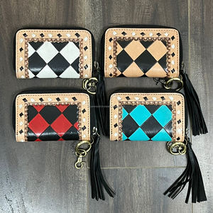 Exclusive 2025 Checkered Design Zipper Wallet with Keychain Tooled Leather Coin Purse Cute Mini <b>Bag</b> with Tassel Pouch for Women - Product Image 4