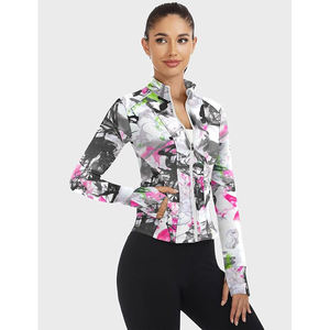 Women's Three Quarter Sleeve Ribbed Printed Yoga <b>Jacket</b> Stand Neck Zipper Fly Breathable Reflective Spandex Polyester Sport Top - Product Image 5