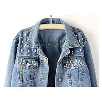 Veste en jean surdimensionnée pour femme en coton, tricotée, brodée de perles, style décontracté, vintage, streetwear, coupe ample, tendance