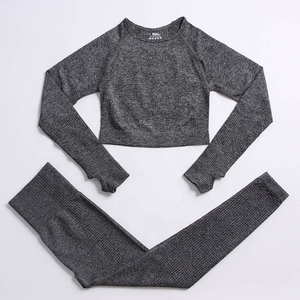 Women's Gray 2 Piece Yoga Set Crew Neck Crop <b>Top</b> Full Length Leggings Solid Pattern <b>Sweat</b> Wicking Seamless High Waist - Product Image 3