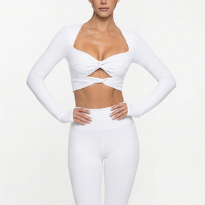 Ensemble de vêtements de sport pour femmes, soutien-gorge de sport à manches longues blanc, leggings taille haute, tenue de yoga sans couture, vêtements de fitness - Product Image 1