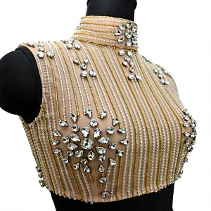Elegant High Neck Beaded Crop <b>Top</b> Sleeveless Rhinestone Embellished Sheath Gown Evening Dress - Product Image 3