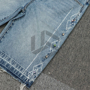 Shorts en jean personnalisés délavés à l'acide, 100 % coton non tissé, écologiques, à taille élastique, pour hommes et femmes, style streetwear décontracté, vente en gros - Product Image 2