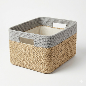 Eco Friendly Handwoven Water Hyacinth <b>Storage</b> <b>Baskets</b> with Gray Cotton Rim Rectangular Seagrass Organizer Bins for Home Decor - Product Image 1