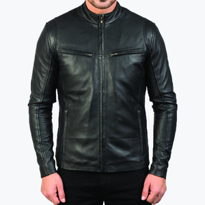 Unisex Premium Genuine Leather <b>Racer</b> <b>Jacket</b> Slim Fit Stand Collar Vintage Distressed Waterproof Breathable Windproof Front - Product Image 3