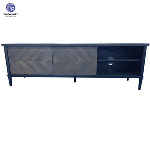 Meuble TV en bois d'acacia massif, design à panneaux en chevrons, rustique, moderne, écologique, multifonctionnel, console de rangement multimédia pour salon - Product Image 3