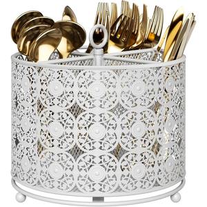 Organizador de cubiertos redondo blanco con diseño calado para cocina, también se puede usar como organizador de brochas de maquillaje para tocador. - Product Image 4