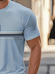 Men Summer <b>T</b> <b>Shirt</b> and Shorts Set Light Blue Striped Crew Neck Knitted Casual Breathable Two Piece Outfit - Product Image 4