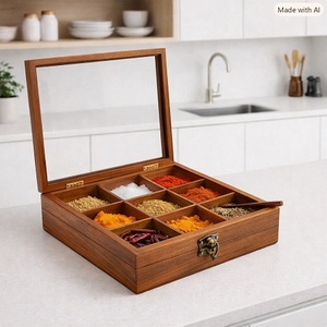 Classic Eco-Friendly Wooden Spice <b>Box</b> with 9 Compartments Glass Lid Hand-Crafted Durable Herb & <b>Masala</b> Storage Hand Wash Only - Product Image 2
