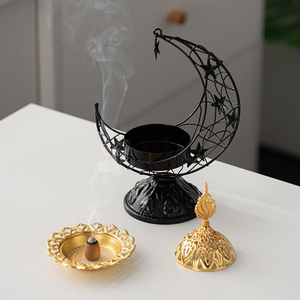Encensoir en métal en forme de croissant, portable, noir et or, pour aromathérapie, style arabe, sur pied haut, décoration de temple, Moyen-Orient - Product Image 5