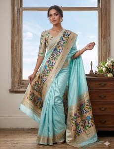 Sari en soie pure Paithani pour femmes K V INTERNATIONAL (bleu clair) - Design traditionnel, sans plis, réversible, séchage rapide, fabriqué en Inde - Product Image 1