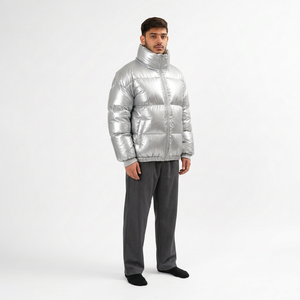 Men's <b>Silver</b> Hooded Collar <b>Puffer</b> <b>Jacket</b> Windproof Breathable Polyester Wadding Winter Casual Loose Fit Zipper Closure Front - Product Image 3