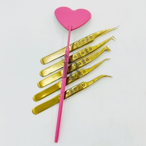 High Demand Golden Color <b>Long</b> Isolation Curved Tip with 90 Degree Boot Volume Eyelash Extension Tweezers Anti <b>Slip</b> Heart Handle - Product Image 1