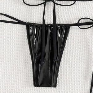 Ensemble de maillot de bain bikini deux pièces sexy pour femme, nouveau, avec chaîne, en Spandex, col halter, soutien-gorge triangle, bas à nouer sur les côtés, haute extensibilité - Product Image 3