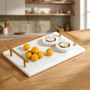 Plateau de service en marbre blanc avec poignées dorées, plateau décoratif pour bougies chauffe-plat, pour la décoration de la maison, centre de table - Product Image 3