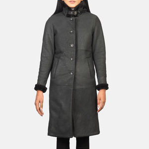Women's <b>Long</b> Genuine Leather <b>Coat</b> With Fur Trim Button Closure Warm <b>Winter</b> Outerwear Casual Style Solid Color Full Sleeve - Product Image 3