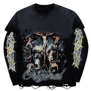 ซัพพลายเออร์คุณภาพดี ผลิตเสื้อยืดแขนยาวสองชั้นสีดำ พิมพ์ลายกราฟิก ผ้าสัมผัสนุ่ม ดีไซน์ใหม่ล่าสุด ราคาสมเหตุสมผล - Product Image 1