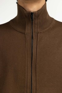 Pull unisexe marron tricoté à fermeture éclair, coupe classique, couleur unie, décontracté, pour l'automne, col montant, 100 % coton respirant, imprimé en relief - Product Image 6