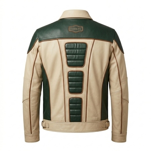 Premium Retro Green Beige Color Block Leather Motorcycle Jacket Men <b>Padded</b> Biker <b>Coat</b> Custom Moto Racing Outerwear Darkry - Product Image 2
